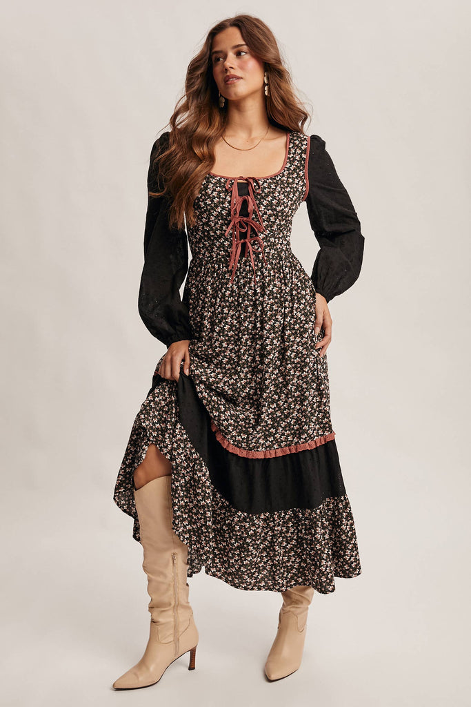 Floral Patchwork Lace-Up Maxi Dress