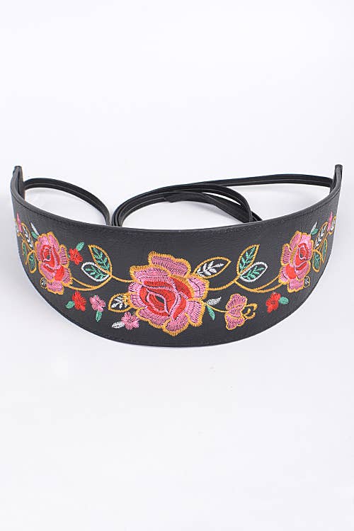 Vegan Leather Embroidered Obi: Garden