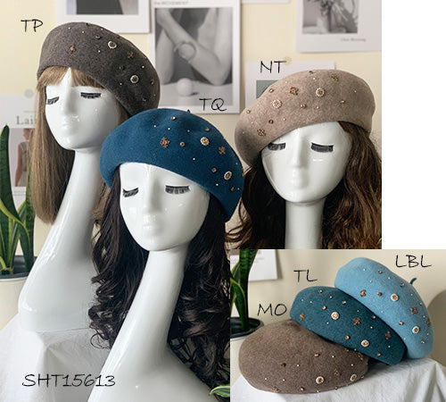 Bejeweled Wool Beret: Taupe