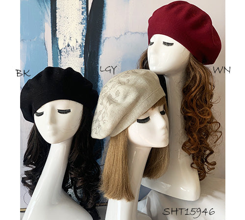 Rhinestone Leaves Beret: Light Grey