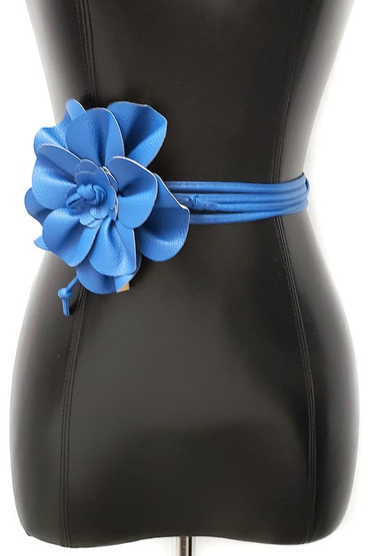 Floral Faux Leather Belt: Royal Blue