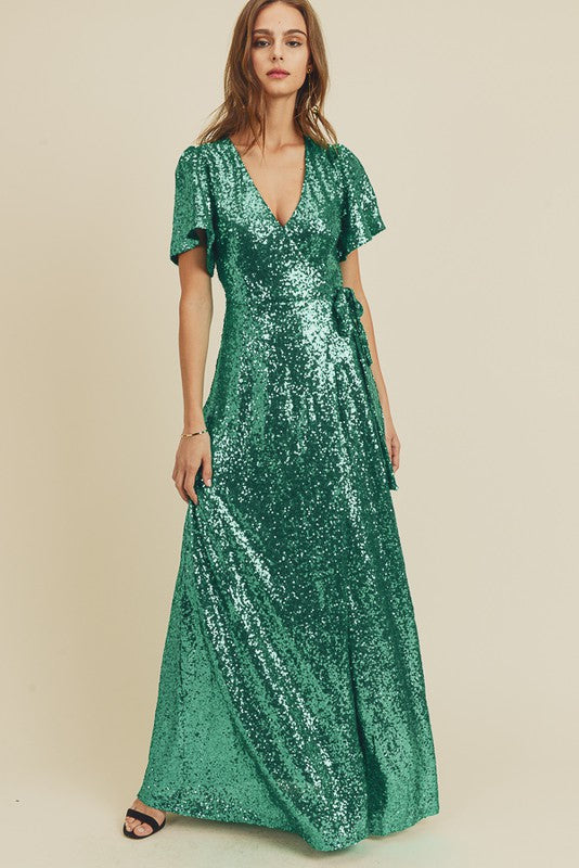 Glamour Green Sequin Wrap Dress