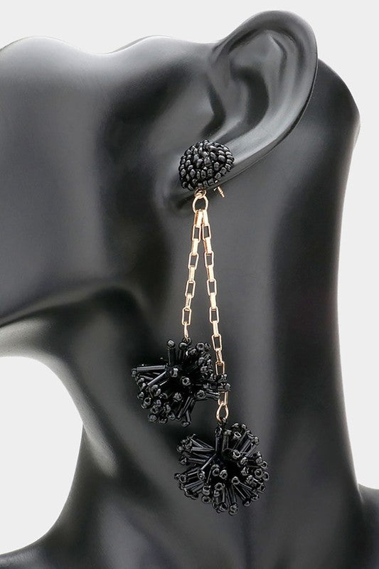 Beaded Pompom Earrings: Black