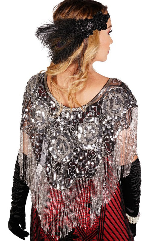 Beaded Sparkles Fringe Shawl: Dark Silver