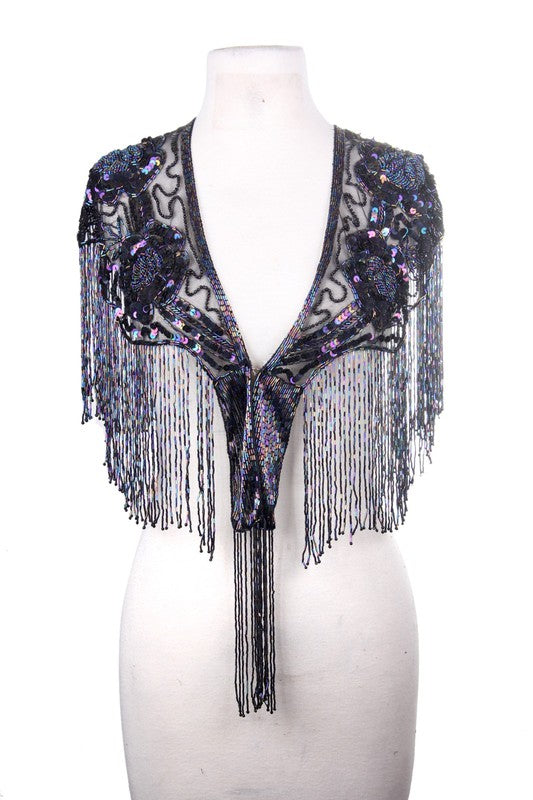 Beaded Sparkles Fringe Shawl: Black