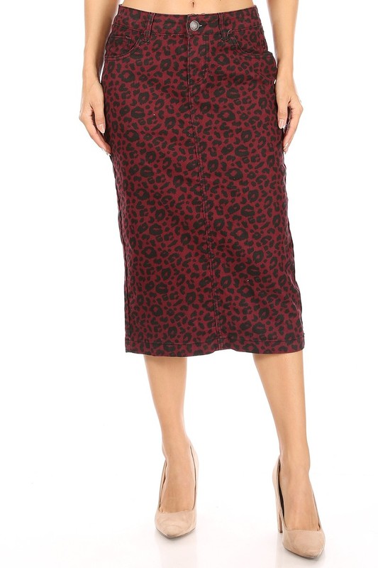 Wine Leopard Stretch Twill Pencil Skirt