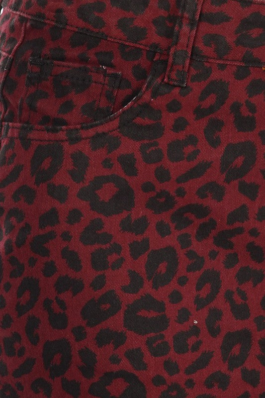 Wine Leopard Stretch Twill Pencil Skirt