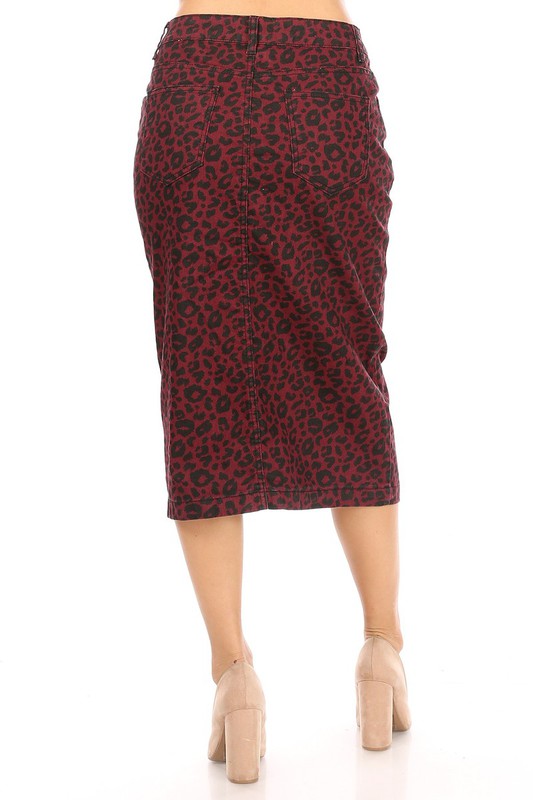 Wine Leopard Stretch Twill Pencil Skirt