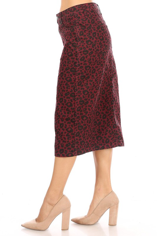 Wine Leopard Stretch Twill Pencil Skirt