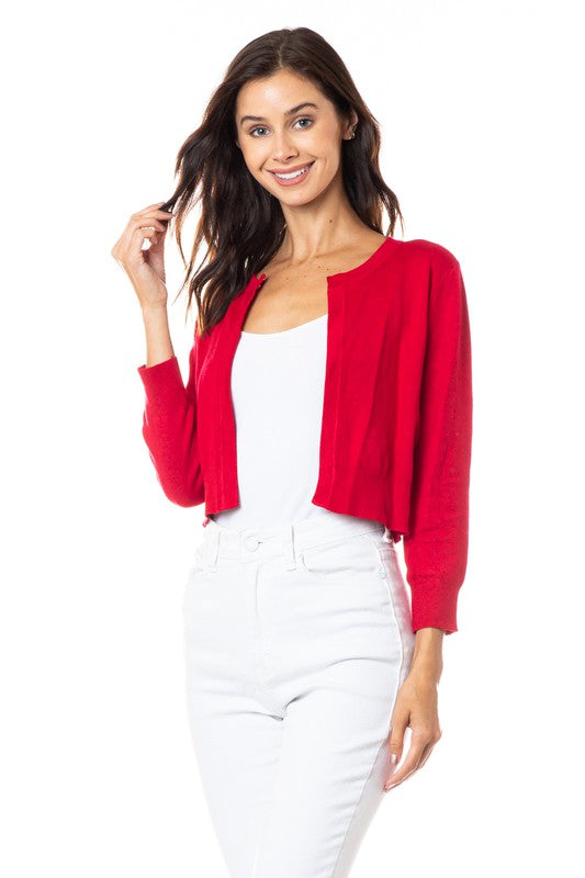 Crew Neck Cropped Cardigan: Red