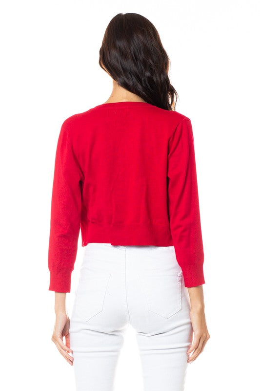 Crew Neck Cropped Cardigan: Red
