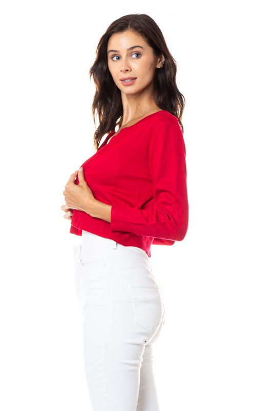 Crew Neck Cropped Cardigan: Red