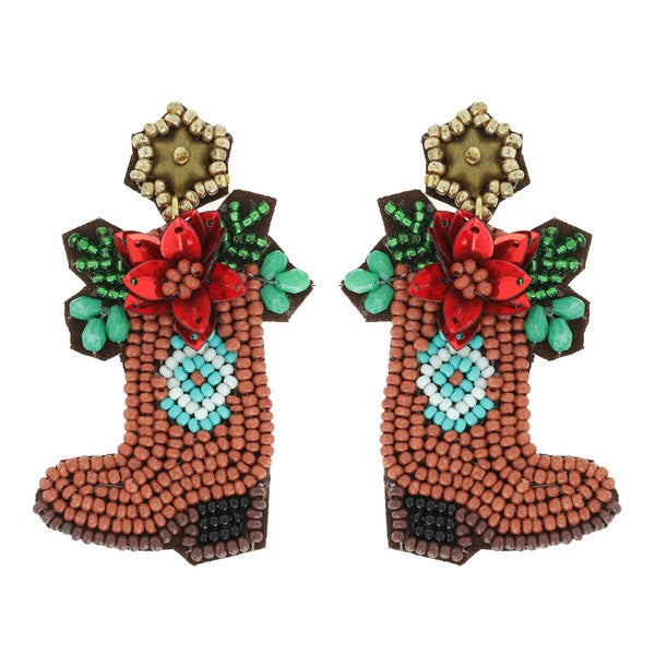 Christmas Cowboy Boot Earrings: Brown