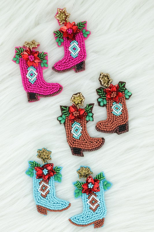 Christmas Cowboy Boot Earrings: Brown