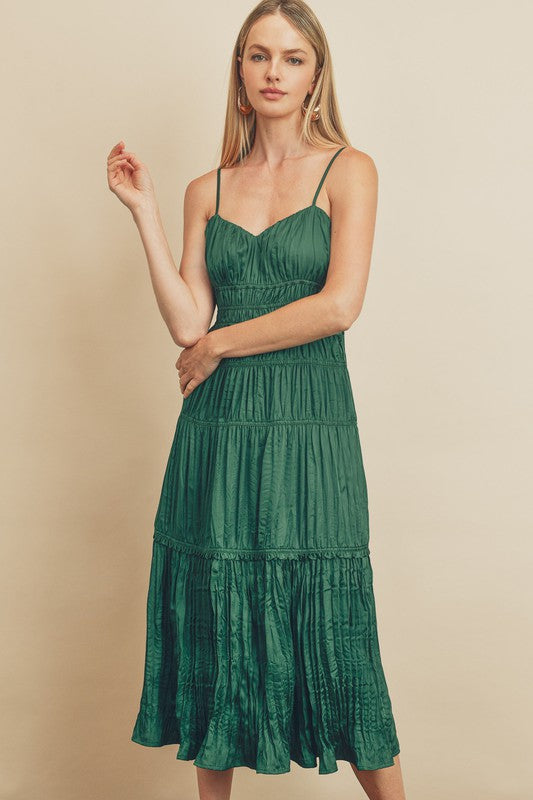 Emerald Pleated Satin Dress