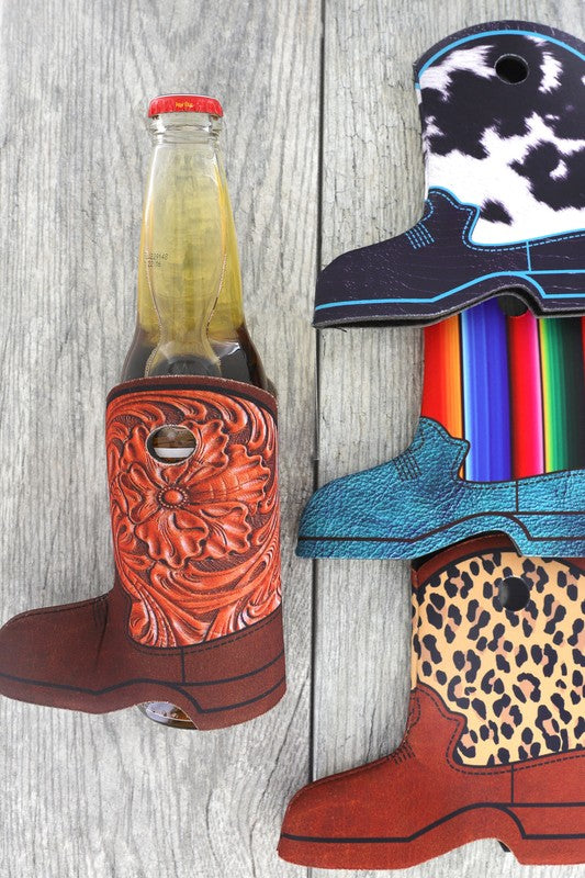 Cowboy Boot Drink Coozie: Cow Print