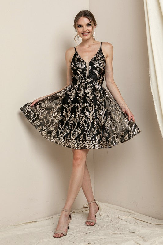 Black Gold Glitter Mini Dress