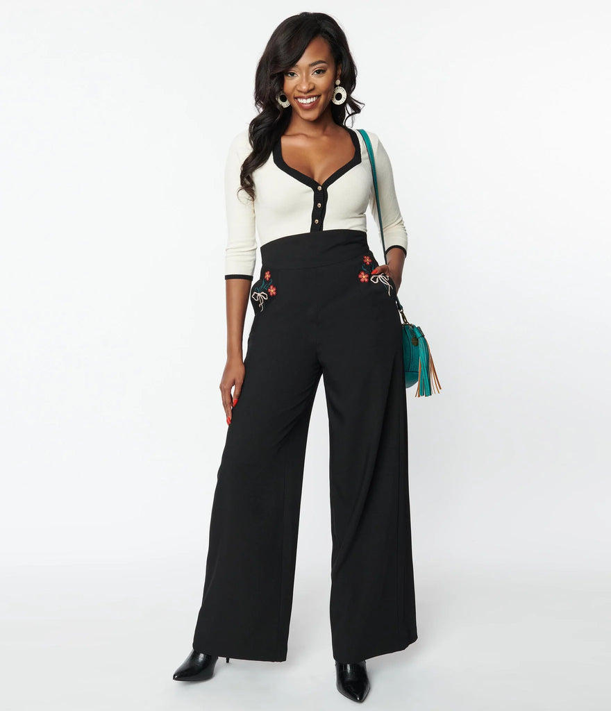 Embroidered Wide Leg Pant