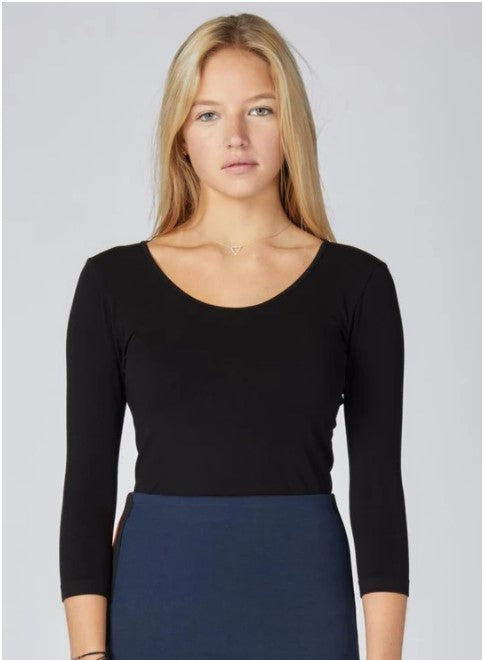 Bamboo Scoop Neck 3/4 Sleeve Tee: Black