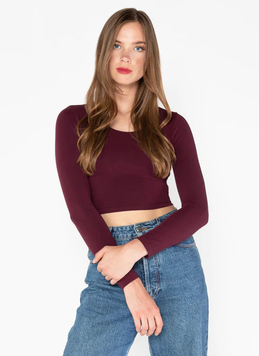 Bamboo Long Sleeve Crop Top: Burgundy