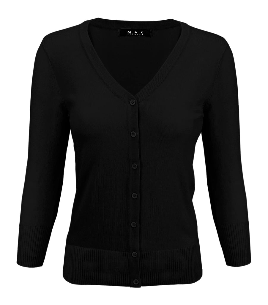 V-Neck 3/4 Sleeve Cardigan: Black