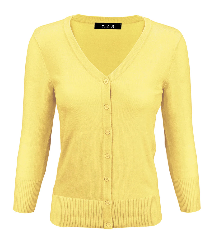 V-Neck 3/4 Sleeve Cardigan: Banana
