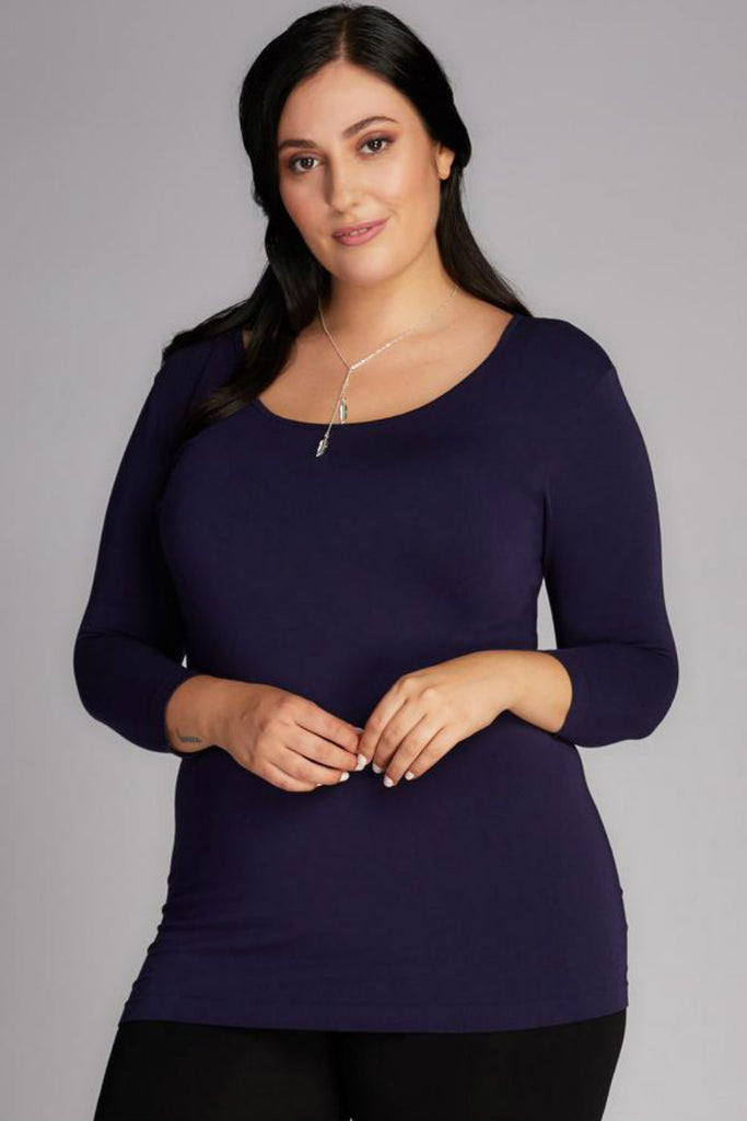 Bamboo Scoop Neck 3/4 Sleeve Tee: Navy